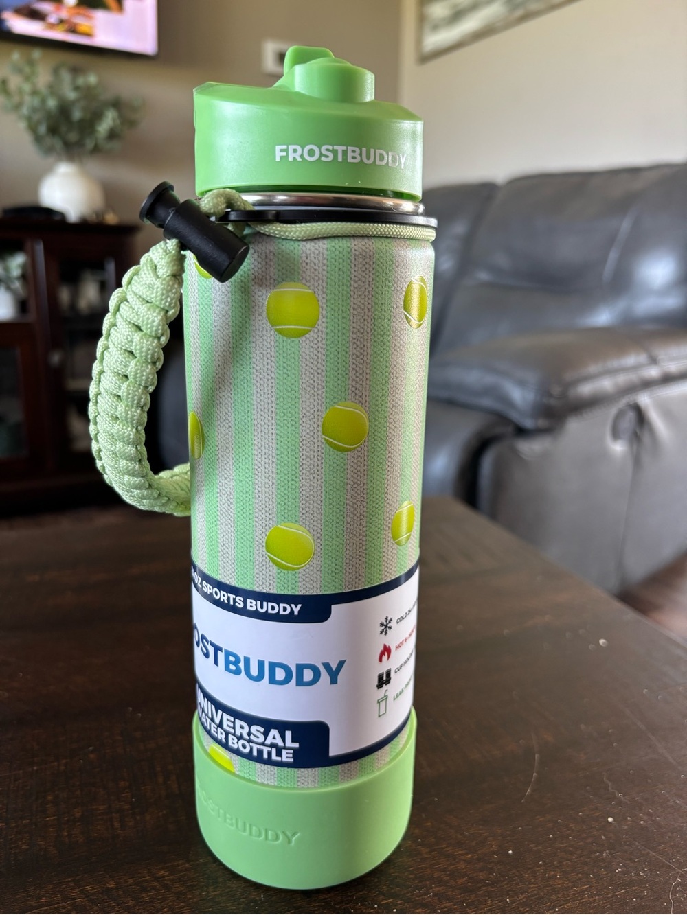 FrostBuddy 24oz Sports Buddy Green Tennis 🎾 Insulated Water Bottle with Strap